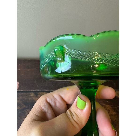 Jefferson Glass 1904 Green Opal Alpine AKA Swag Wreath & Brackets Footed Compote - Picture 7 of 13